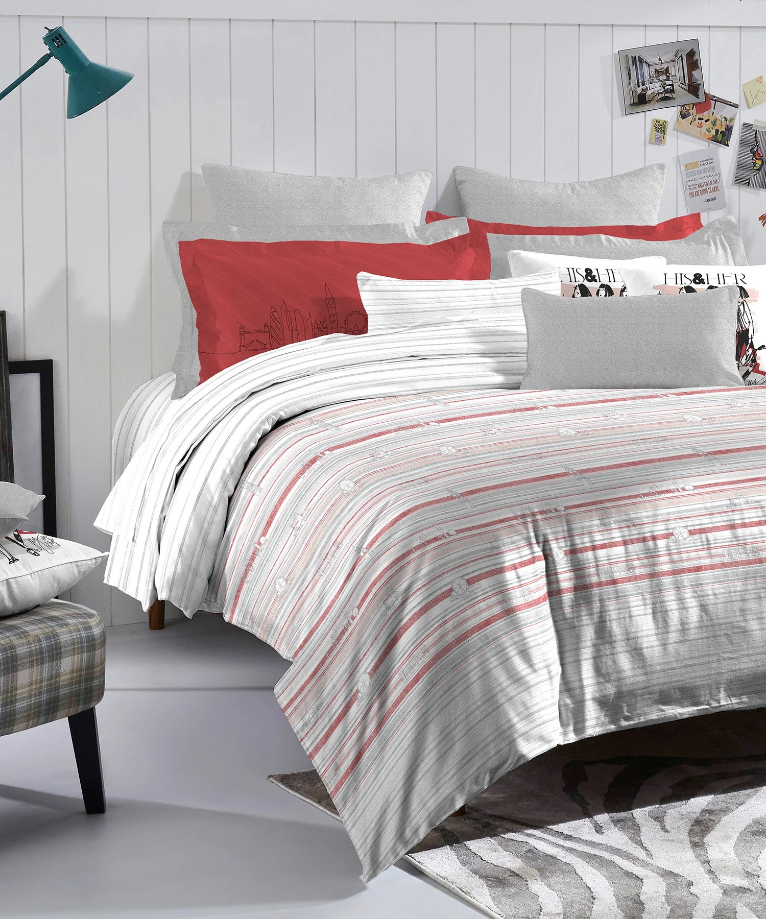 His & Her King Bedsheet Set, London Calling |144 TC Cotton| 2 Pillow Cover & 2 Cushion Covers