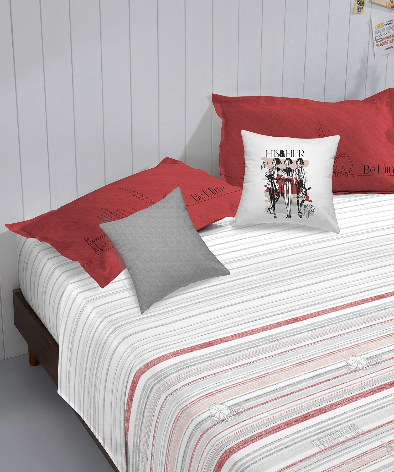 His & Her King Bedsheet Set, London Calling |144 TC Cotton| 2 Pillow Cover & 2 Cushion Covers