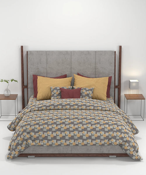 Carnival Ajrakh King Bedsheet Set, Baghi Grey |144 TC Cotton|2 Pillow Covers