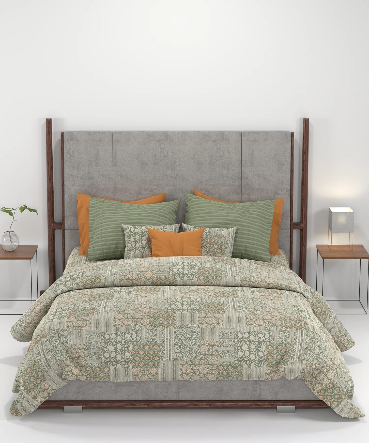 Carnival Ajrakh King Bedsheet Set, Rangmitti Olive |144 TC Cotton|2 Pillow Covers