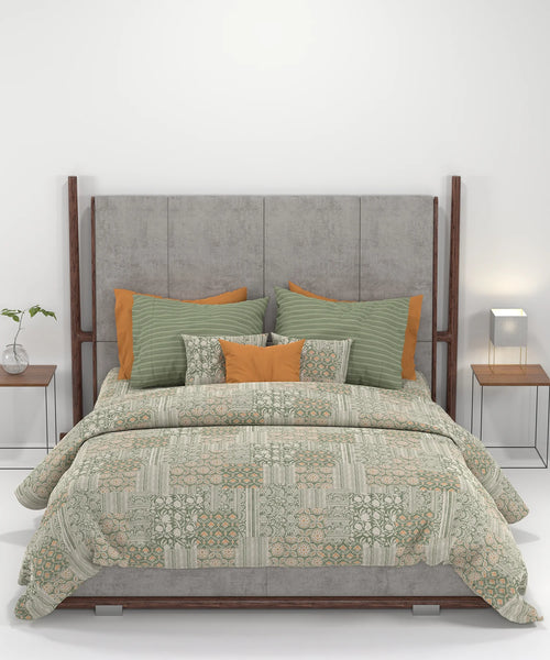 Carnival Ajrakh King Bedsheet Set, Rangmitti Olive |144 TC Cotton|2 Pillow Covers