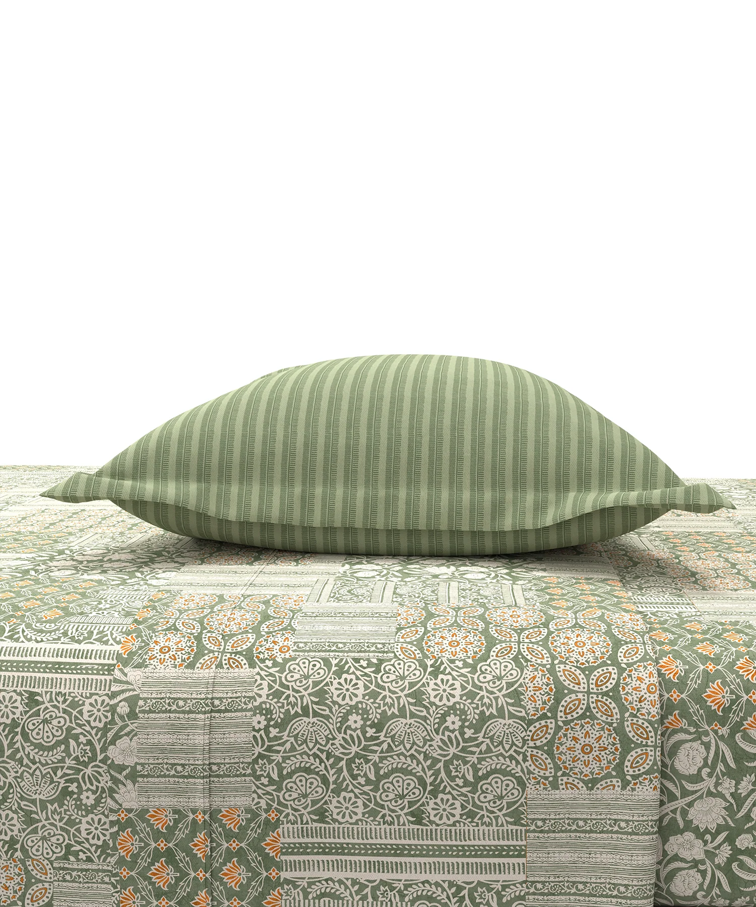 Carnival Ajrakh King Bedsheet Set, Rangmitti Olive |144 TC Cotton|2 Pillow Covers