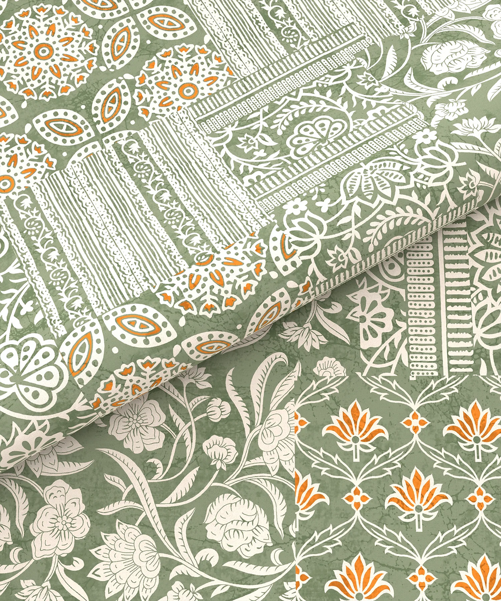 Carnival Ajrakh King Bedsheet Set, Rangmitti Olive |144 TC Cotton|2 Pillow Covers