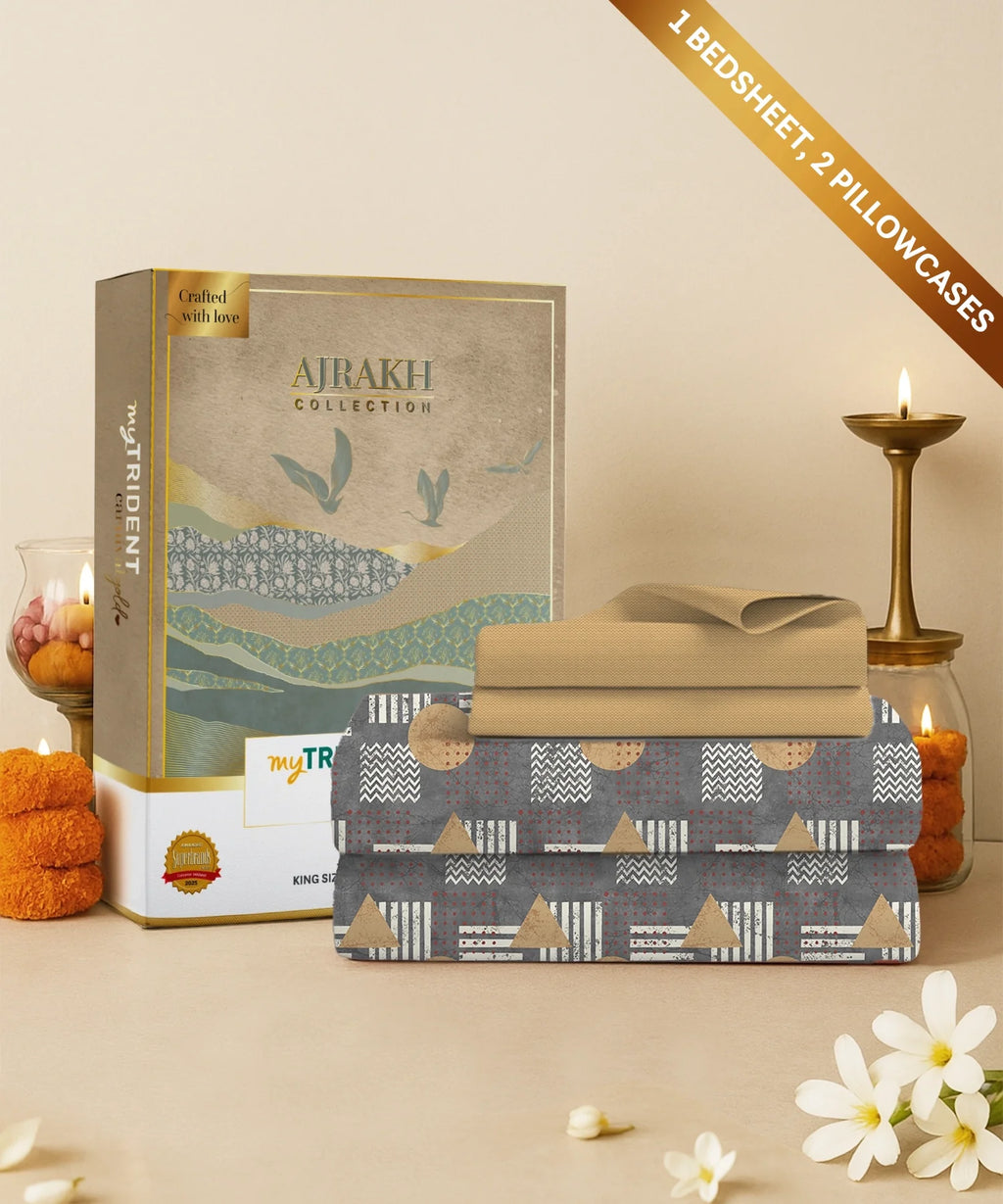 Carnival Ajrakh King Bedsheet Set, Baghi Grey |144 TC Cotton|2 Pillow Covers