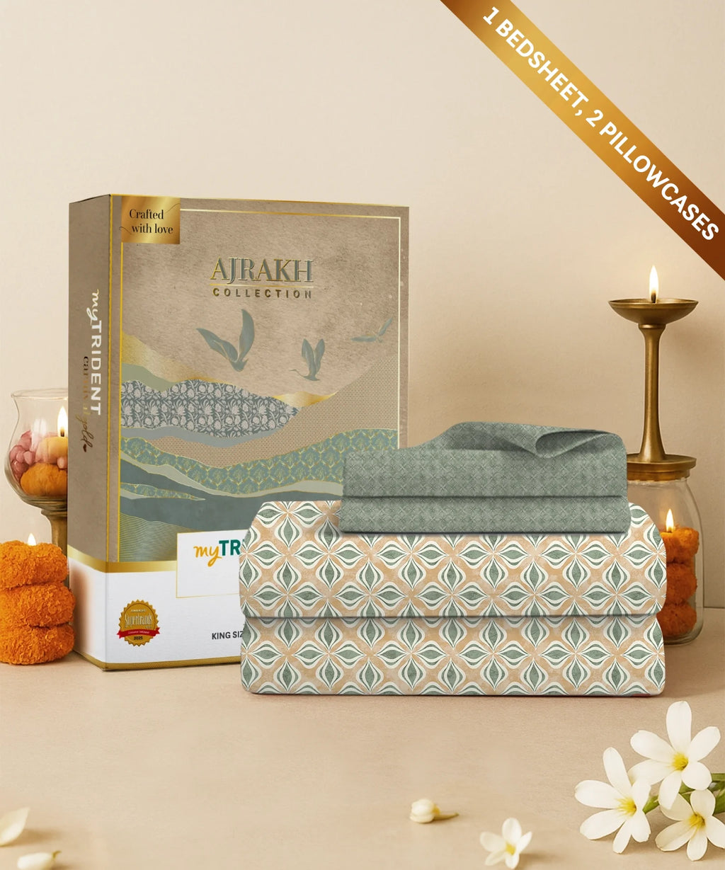 Carnival Ajrakh King Bedsheet Set,Maliha Sage |144 TC Cotton|2 Pillow Covers