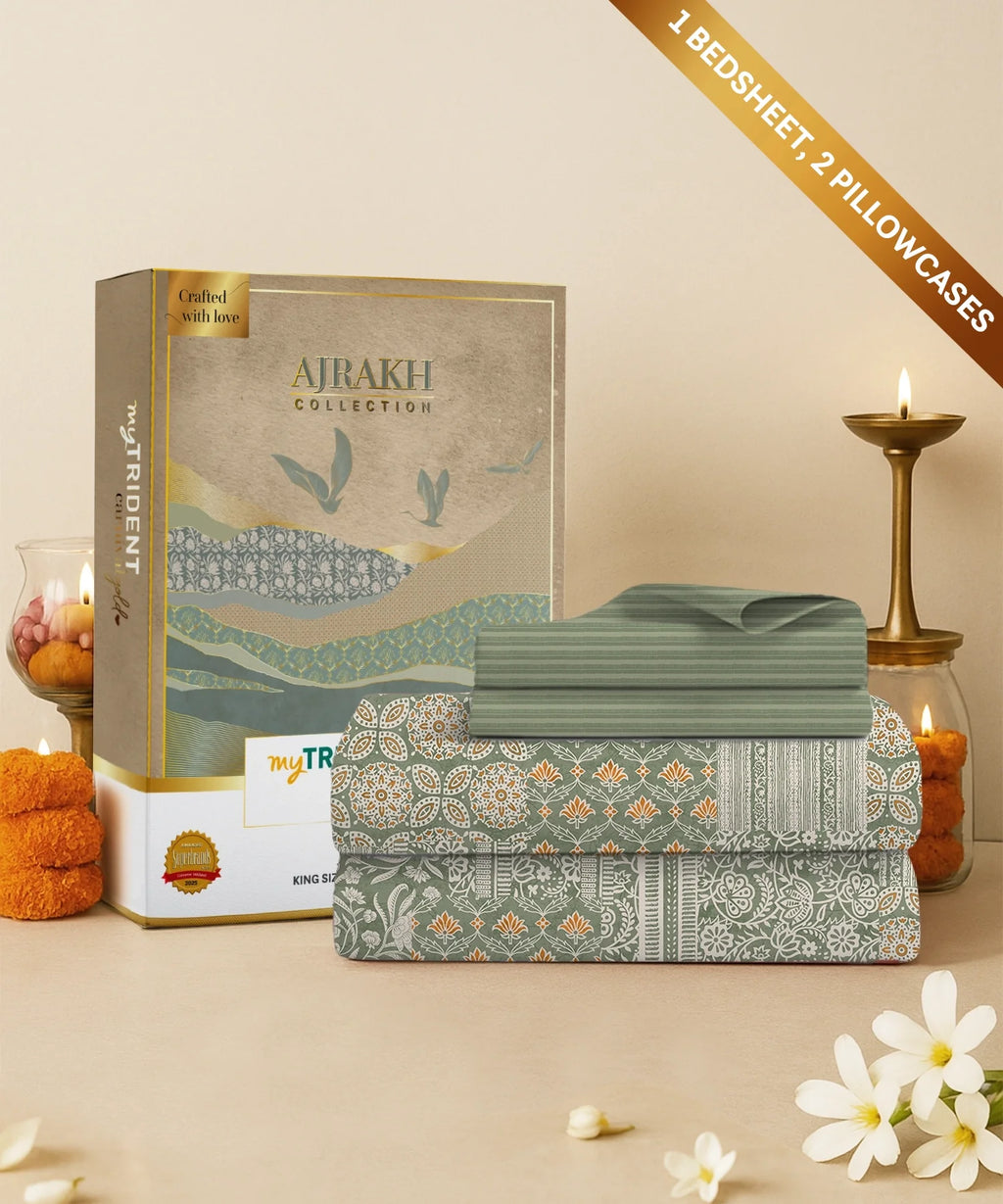 Carnival Ajrakh King Bedsheet Set, Rangmitti Olive |144 TC Cotton|2 Pillow Covers