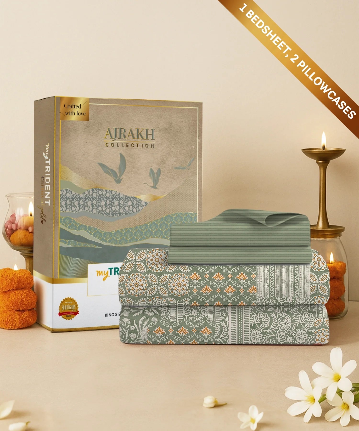 Carnival Ajrakh King Bedsheet Set, Rangmitti Olive |144 TC Cotton|2 Pillow Covers